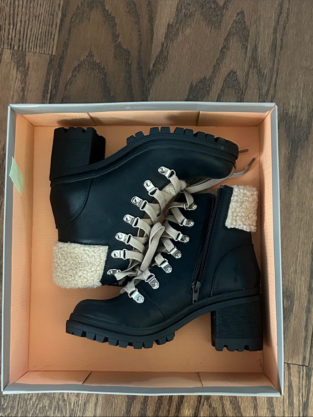 Soda Black Lace-Up Lug Heel Ankle Boots with Cream Faux-Shearling Cuff